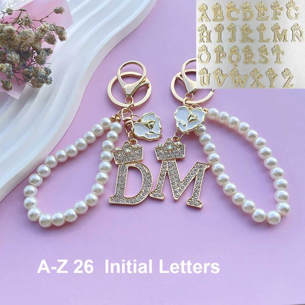 Luxury Crown AZ 26 Letters Roses Metal Keyring Crystal Initial Faux Pearl Resin Beaded Keychain Bag Pendant Women Birthday Gift J251121
