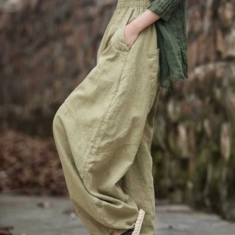 Elegant Womens Cotton Linen Baggy Cargo y2k Pants Vintage Elastic Waist Trousers Loose Casual Long Wide Leg Oversize ClothesT251022