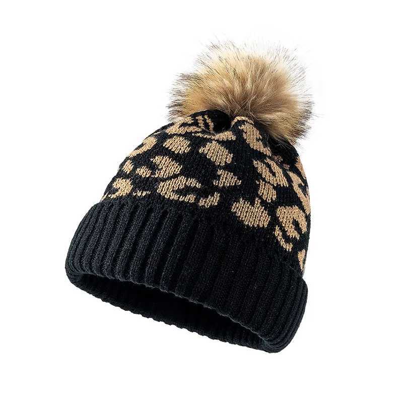 Leopard print curled edge wool ball knitted hat for womens outdoor warmth thickened autumn and winter mens woolen hat J251022