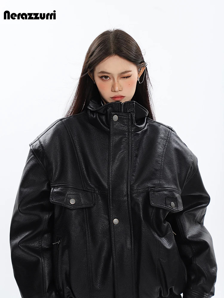 Nerazzurri Spring Autumn Oversized Cool Windproof Thick Black Pu Leather Jacket Women Zip Up y ner Unisex Clothes 251017