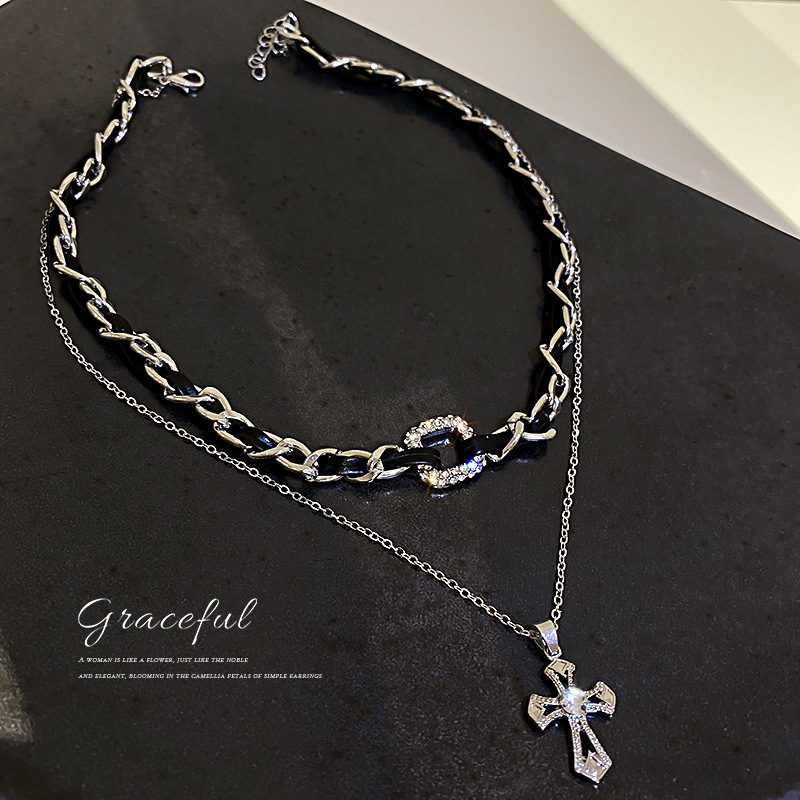Simple Faux Leather Dia-Studded Cross Double-Layer Necklace Internet Celebrity Style Elegant Women's Jewelry - view 5