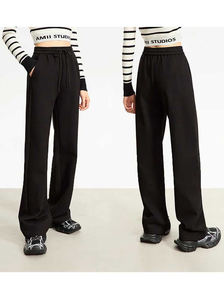 AMII Minimalism Casual Pants for Women 2025 Autumn Wide Leg New Loose Vertical Elastic Waist Drawstring Sporty Trousers 12343338T251022