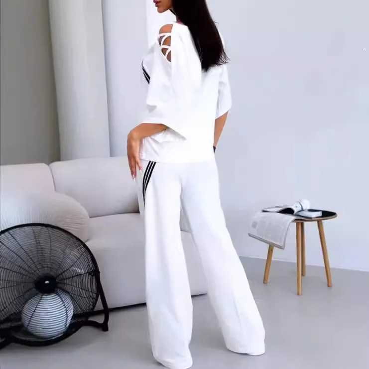 New Fashion Twopiece Womens White Sports Suit Sexy Off Shoulder Loose Sports Shirtcasual Pants Cotton Sportswear WomensT251022
