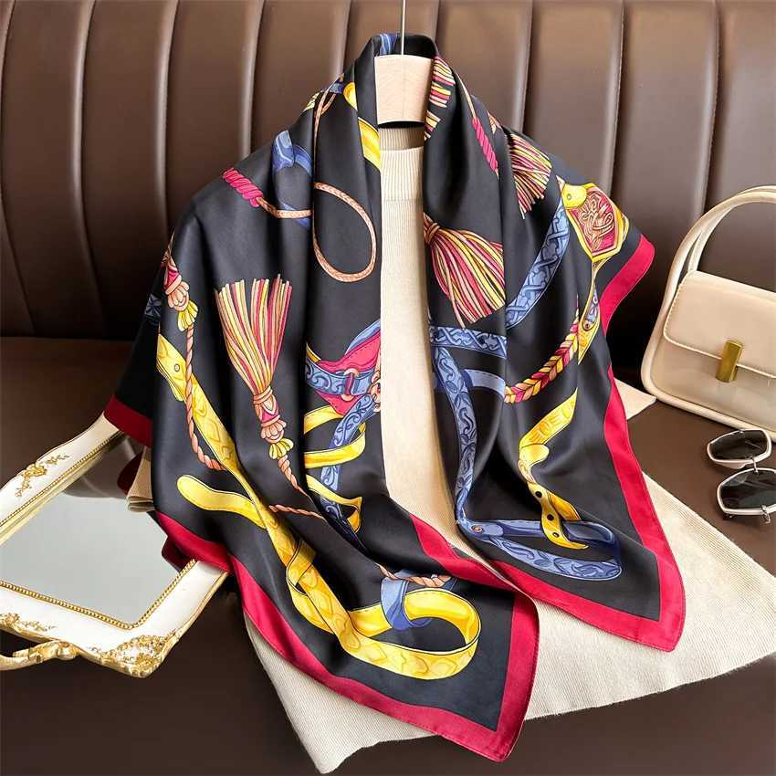 Luxury 2024 9090cm Print Silk Scarf Headband Foulard Ribbon Wraps Hairband Neckerchief Female Shawls Bandanna Square Silk Scarf J251118
