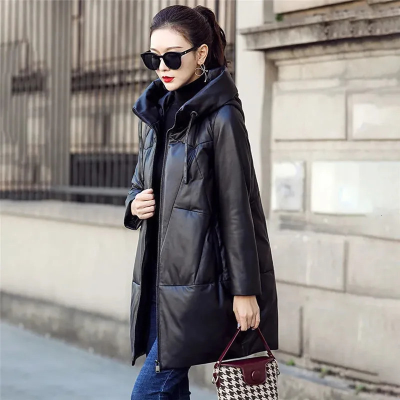 Thicken Snow Parkas Winter Womens Warm Hooded PU Leather Jacket Black Loose Long Coat Windproof Female Cotton Overcoat 251021