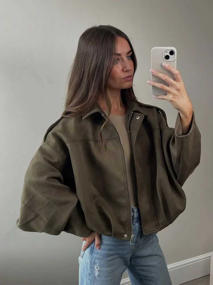 HH Autumn Women Loose Casual Suede Overcoat Jackets Vintage Solid Long Sleeve Zipper Bomber Jacket Fashion Lady Streetwear Coats Y251105