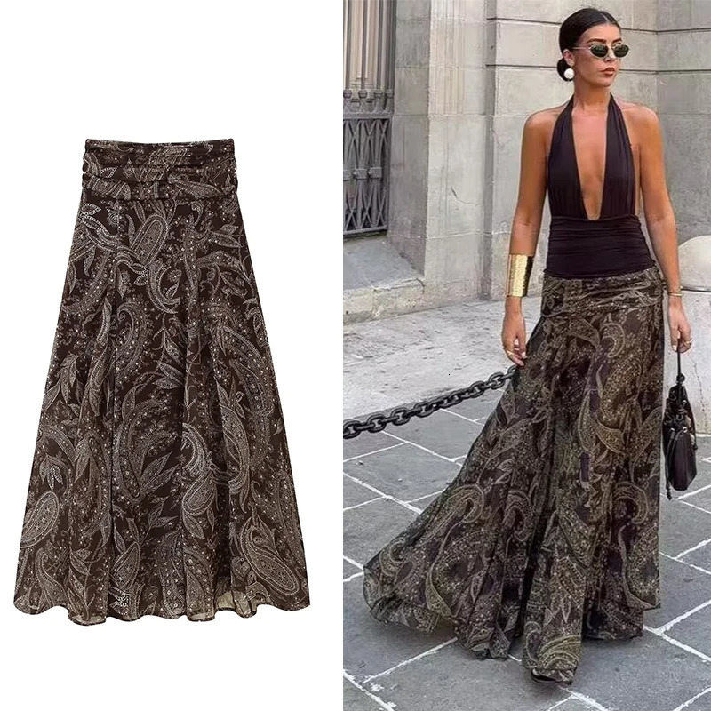 Ruffles Pleated Long Skirts For Women Fashion 2025 Vintage Printed Midi Skirt High Street Casual Chic Party Skirts 251022