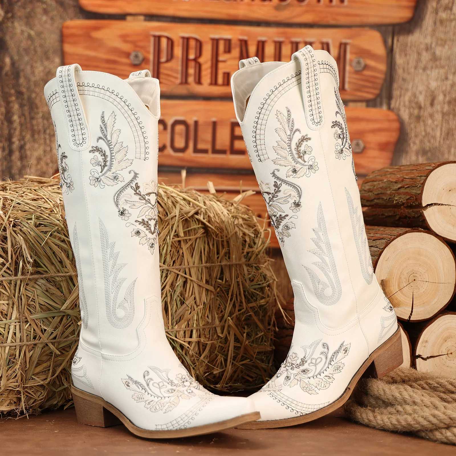 Cowboy Boots for Women Wide Calf Knee High Western Cowgirl Boots Sparkly Rhinestone Retro Country Boots in White Z251020