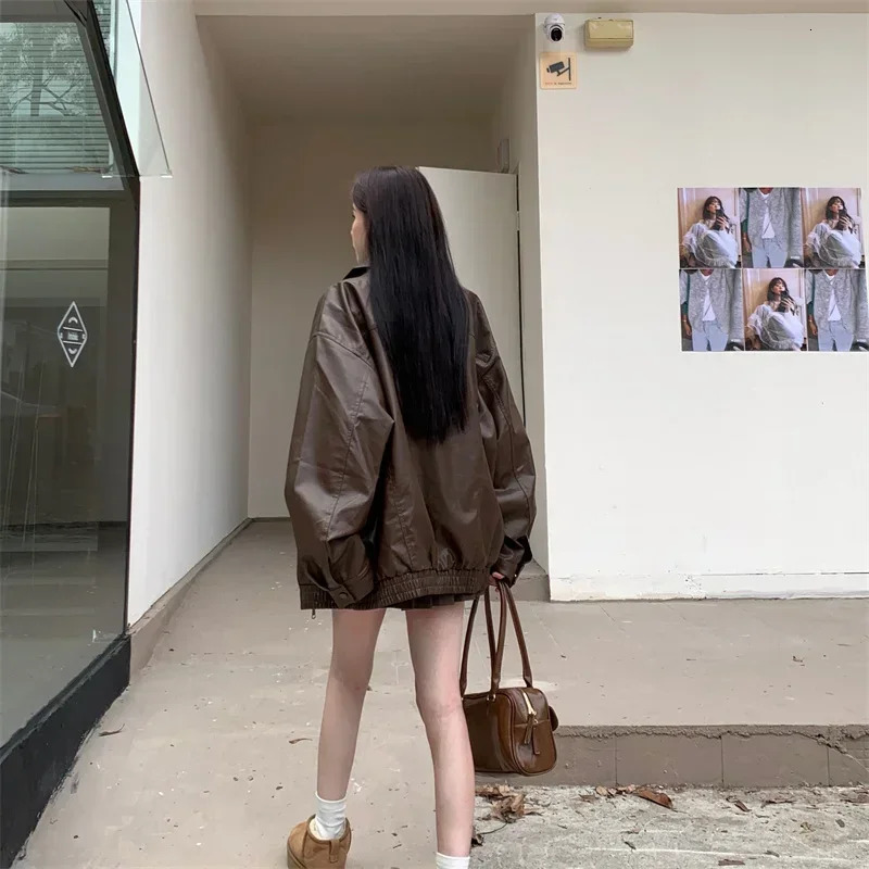 Faux Leather Jacket Women American Vintage Solid Pu Loose Casual Biker Outwear Streetwear Coats Woman 251020