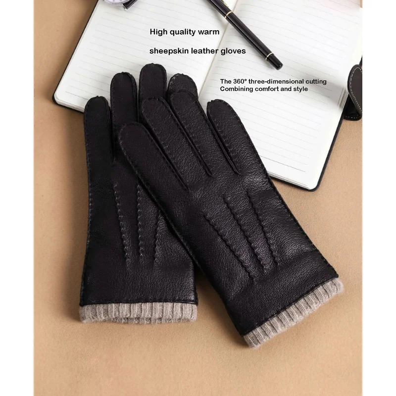 High Quality Men Genuine Sheepskin Leather Gloves Winter Warm wool Lined Touch Screen Full Finger Driving Motorcycle Gloves 251021