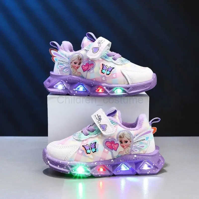 Disney LED Casual Sneakers For Spring Girls Frozen Elsa Princess Print Pu Leather Shoes Children Lighted Nonslip Pink Purple H251022