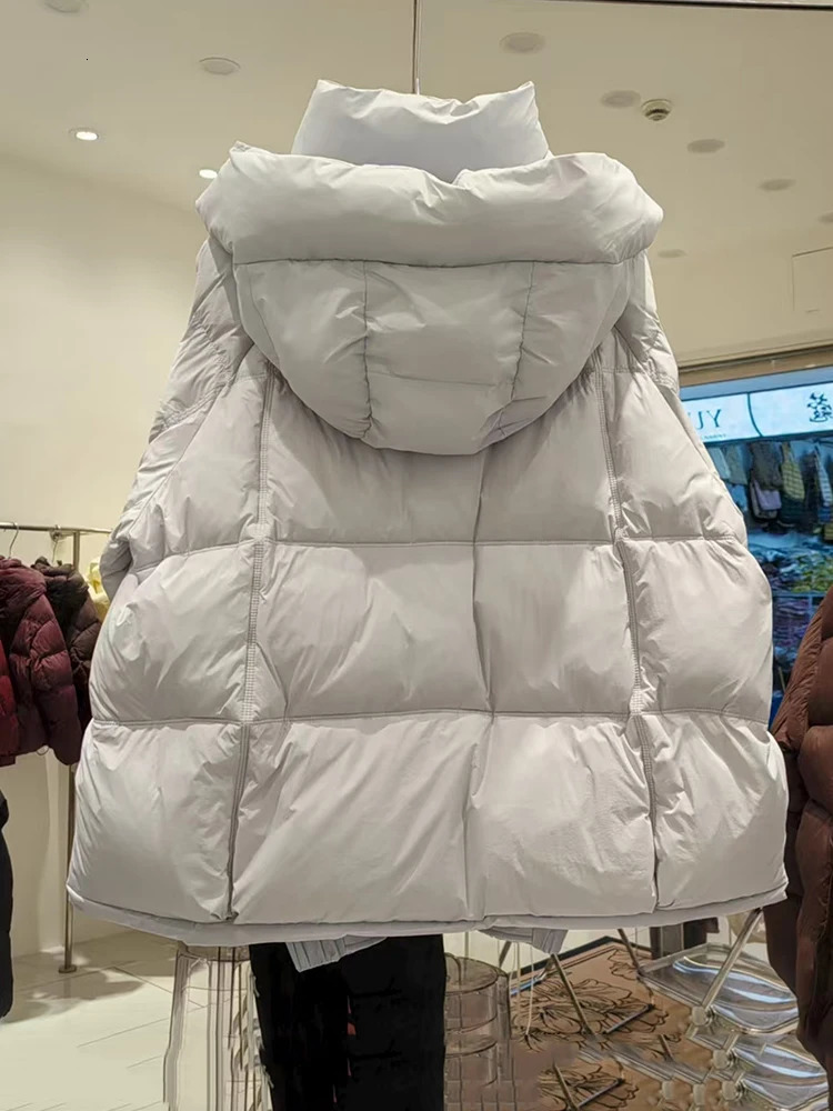 Winter Loose Short Hooded Parker Down Jacket Women White Duck Puff Warm Female Zipper Pocket Fluffy Thicken Outwears 251017