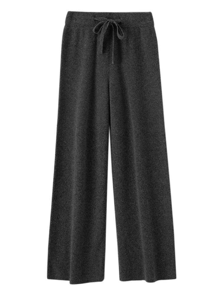 Autumn Winter Fashion Basic Women 100 Merino Wool Wide Leg Pants Simple Style Cashmere Knitted Trousers Loose Casual PantsT251022