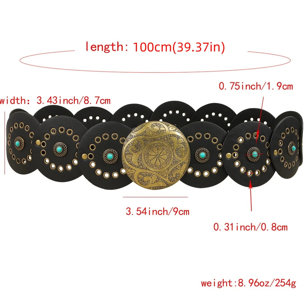 Exaggerated Wide Boho Disc Belt Adjustable Turquoise Carved Buckle Waist Belt Rivet Y2k Western Leather Waistband 251013