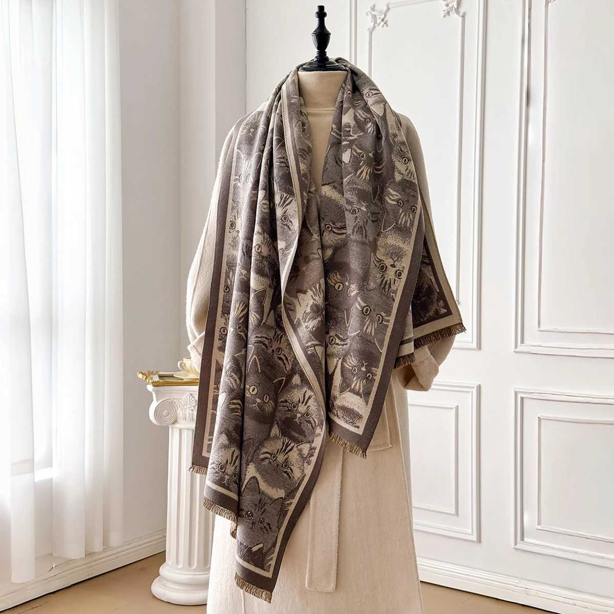 Womens Winter Fashion Warm CatPatterned Imitation Cashmere Poncho Thick Shawl Wrap Bufanda Echarpe Scarf J251129