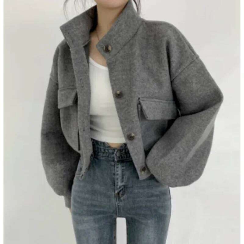 Korean Autumn Winter New Stand Collar Short Lazy Style Loose Casual Wool Coat for Women
