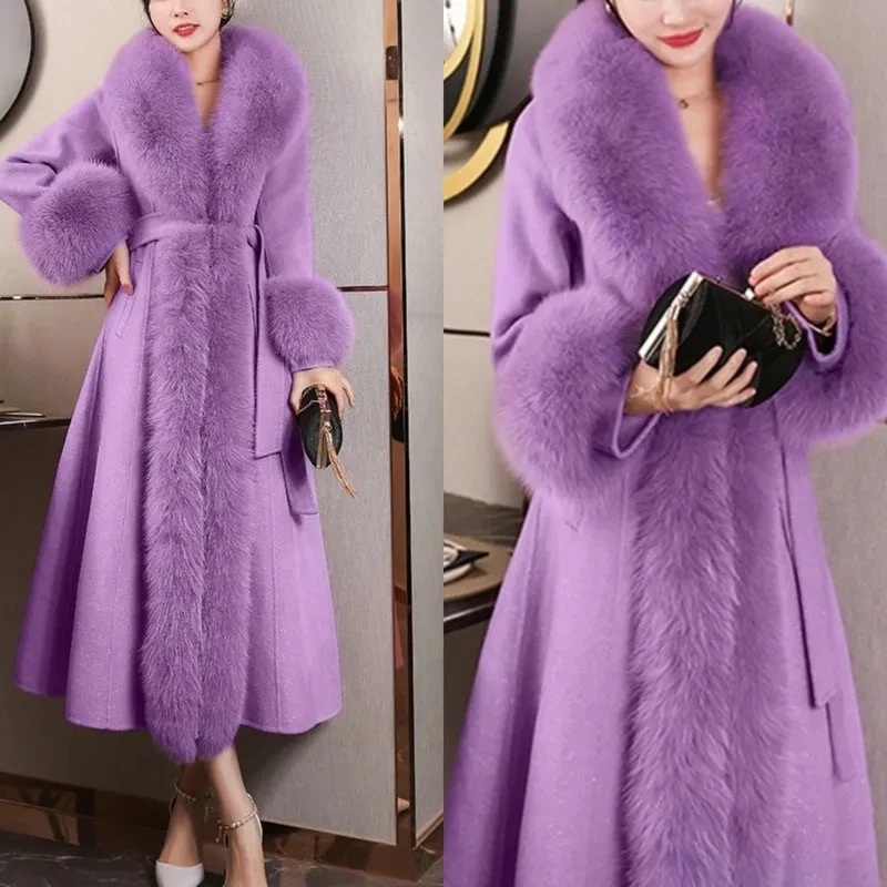 s Doublesided Cashmere Coat Women Elegant Fox Fur Collar XLong Overknee WaistSlim Large Size Woolen Coats 6XL 251020