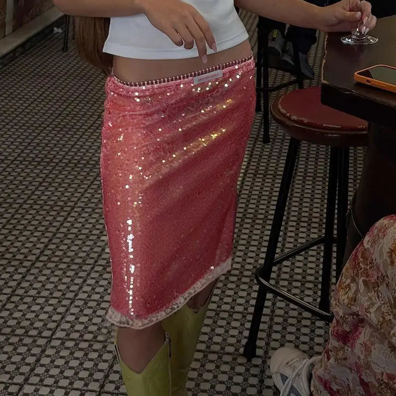 Vintage Sweet Pink Sequin Skirt for Women Simple Slim Fit Bodycon Skirts 2025 Summer Allmatch Faldas Sexy Mujer 251022