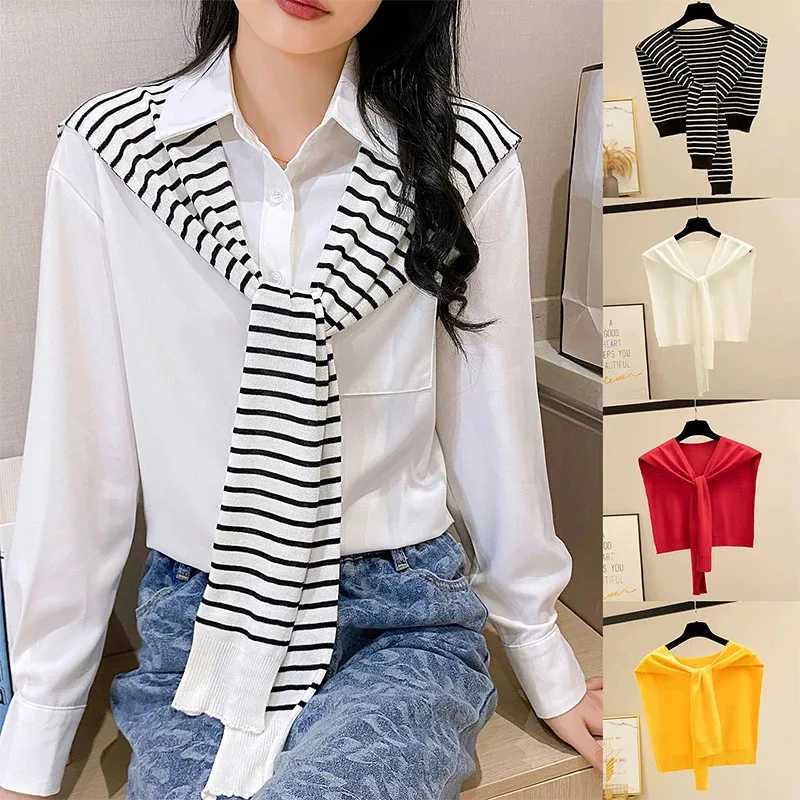 Korean Striped Knitted Warm Shawl Winter Female Blouse Shoulders Fake Collar Cape Knotted Scarf Stripe Outerwear J251118