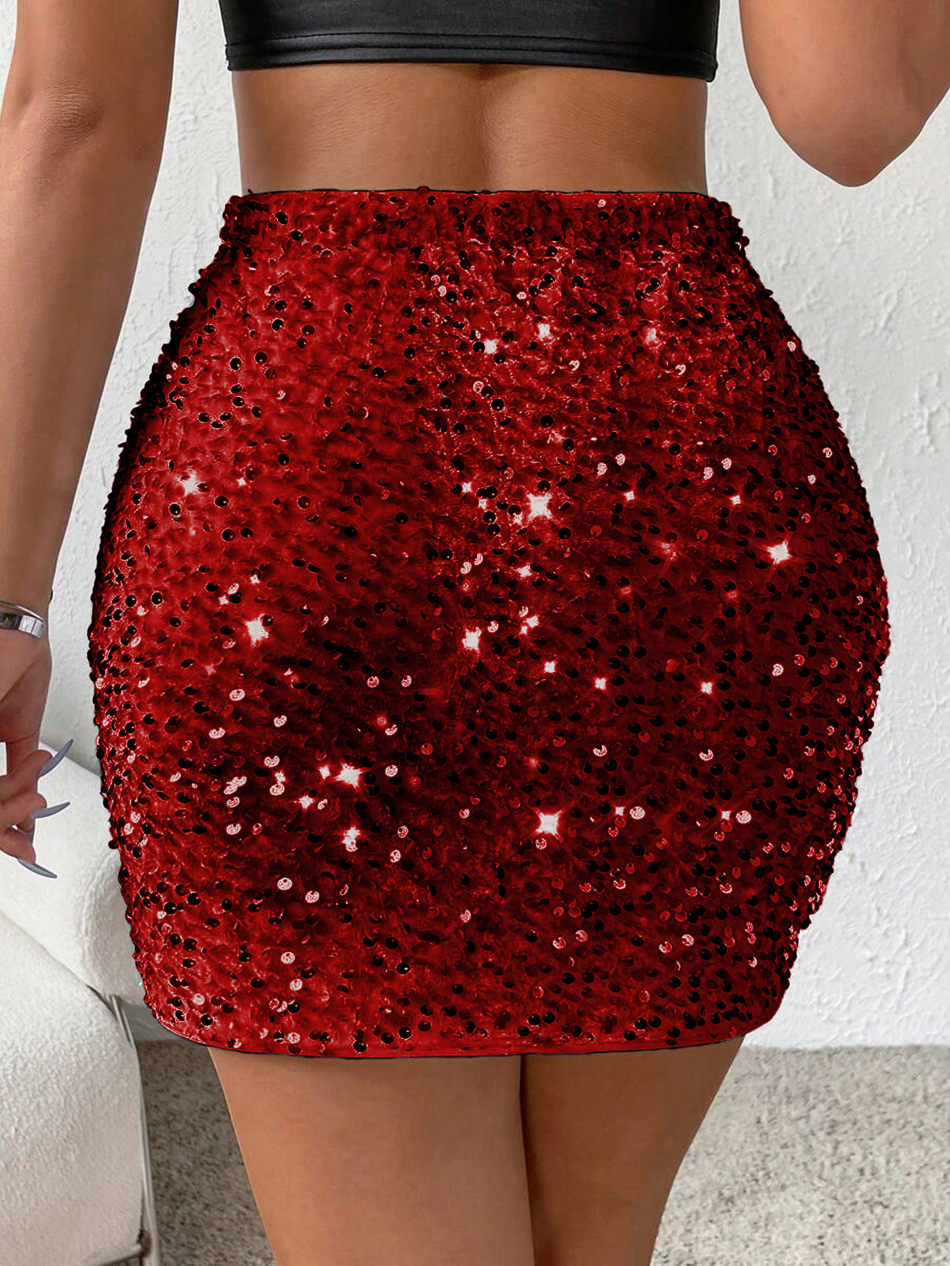 Women's Mememe Brand Sexy Party Sequin Mini Skirt with Side Slit, High-Quality Fashion Slim-Fit Skirt (S-XL, Black/Red)-D230