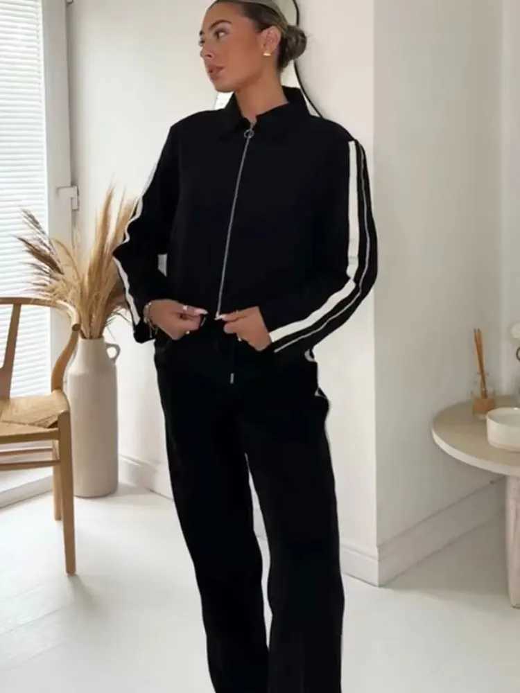 HH Women Fashion Side Stripe Coat Pant Set Long Sleeve Zipper Jacket Elastic Waist Wide Leg Pants High Street Lady OutfitT251022