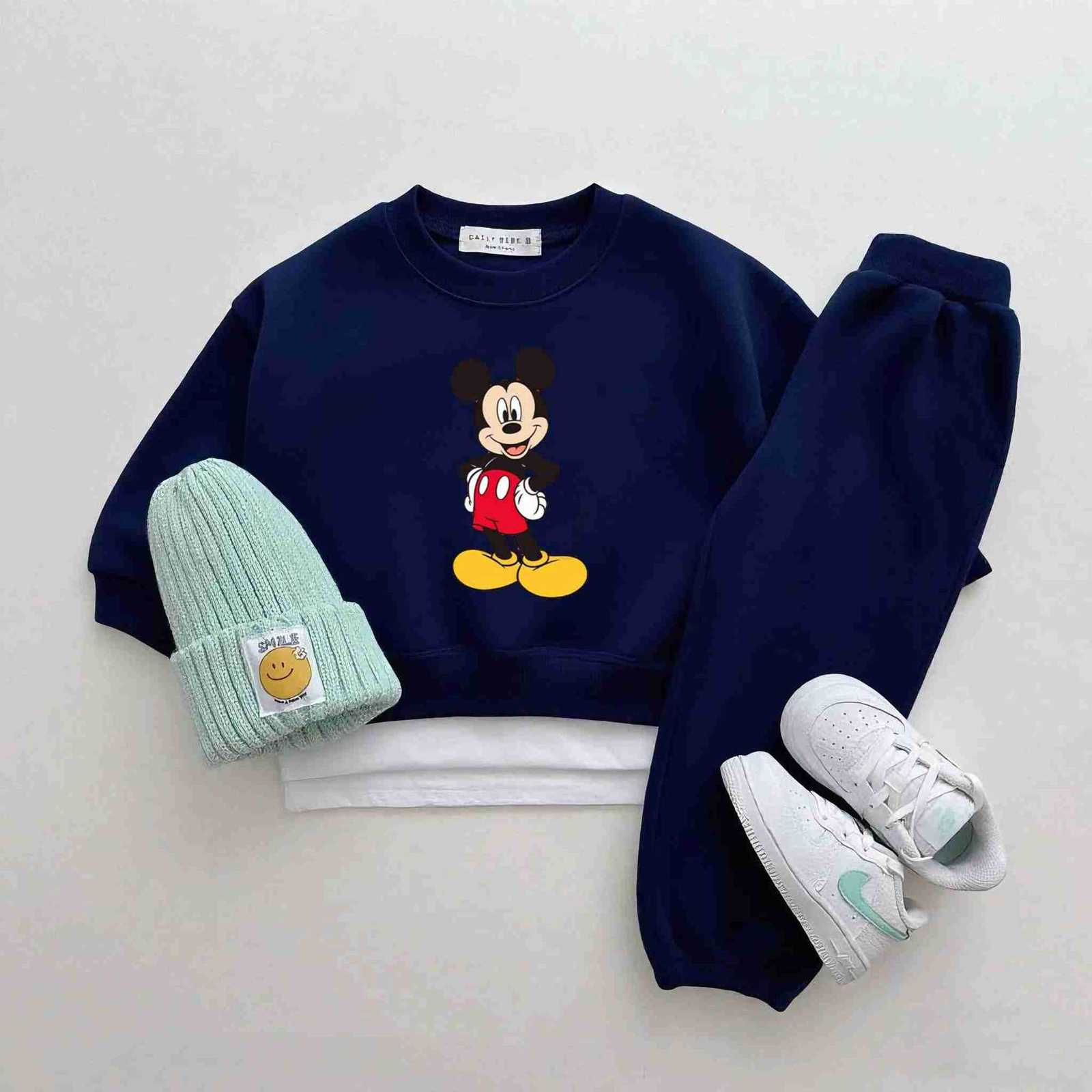 Disney New Design 2Piece Set Kids Cartoon Mickey Sweatshirts Solid Color Trousers Boys And Girls Fashion Tracksuits Lovely Tops Pants H251022