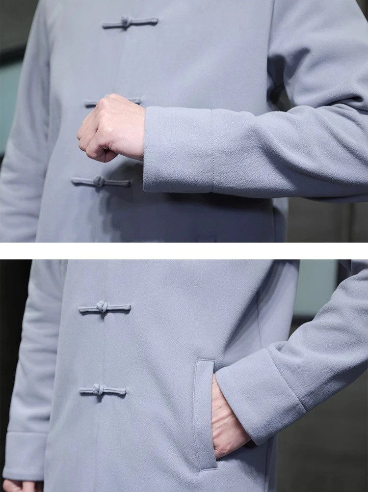 Chinesestyle Blue Long Jacket Mens Gray Singlebreasted Standup Collar Trench Coat Spring Fall Winter Top 251014