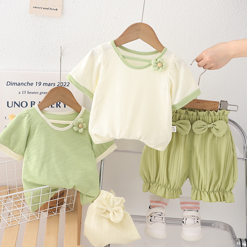 Cute Floral Bow 2-Piece Set, Girls Summer Shorts Outfit, Breathable Cotton Clothes for Toddler