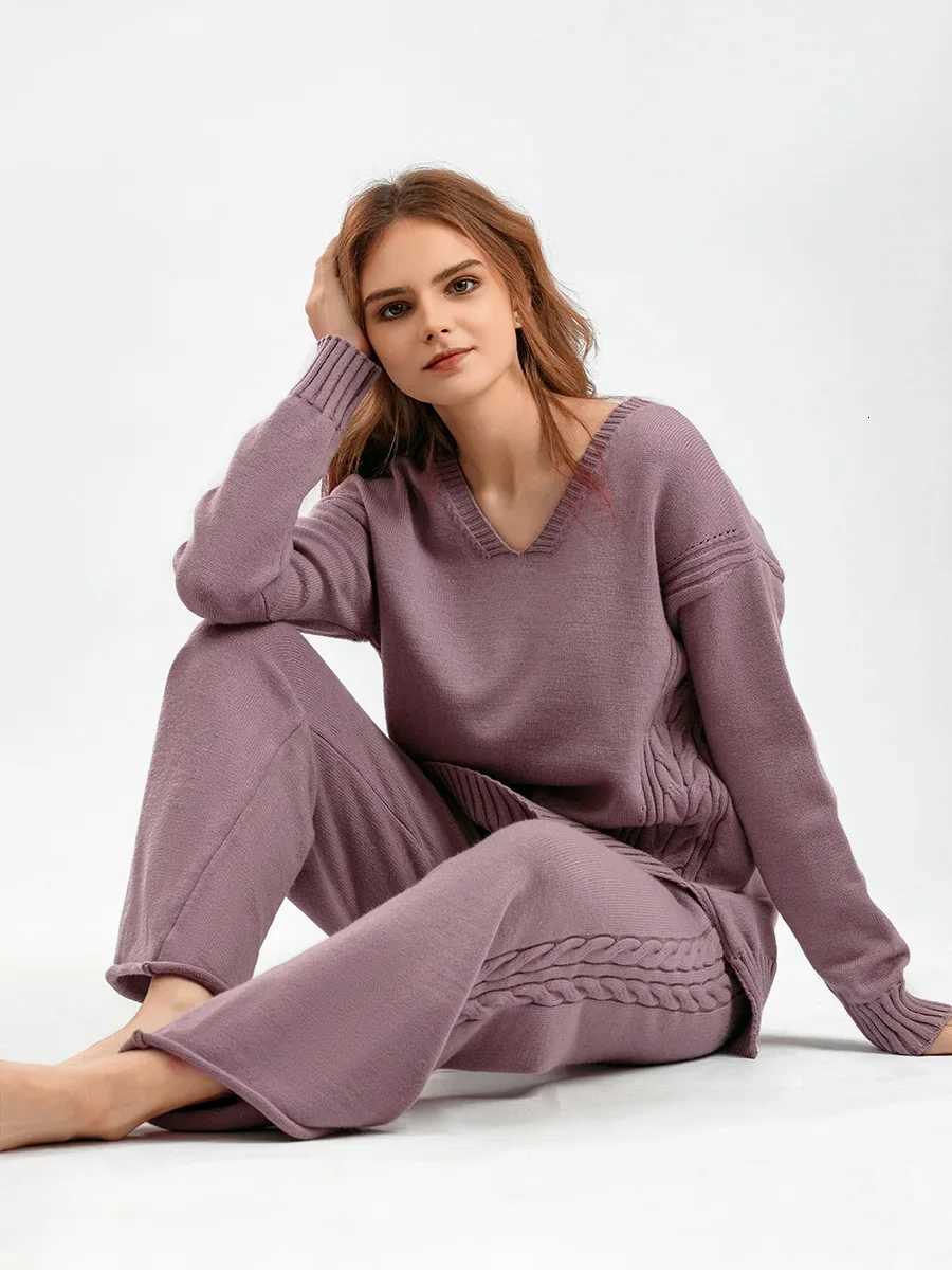Autumn Winter Thicken Knit Sweater Set Women Tracksuit Solid Color V Neck Sweaters Elastic Trousers Suits Knitted Two Piece SetT251022