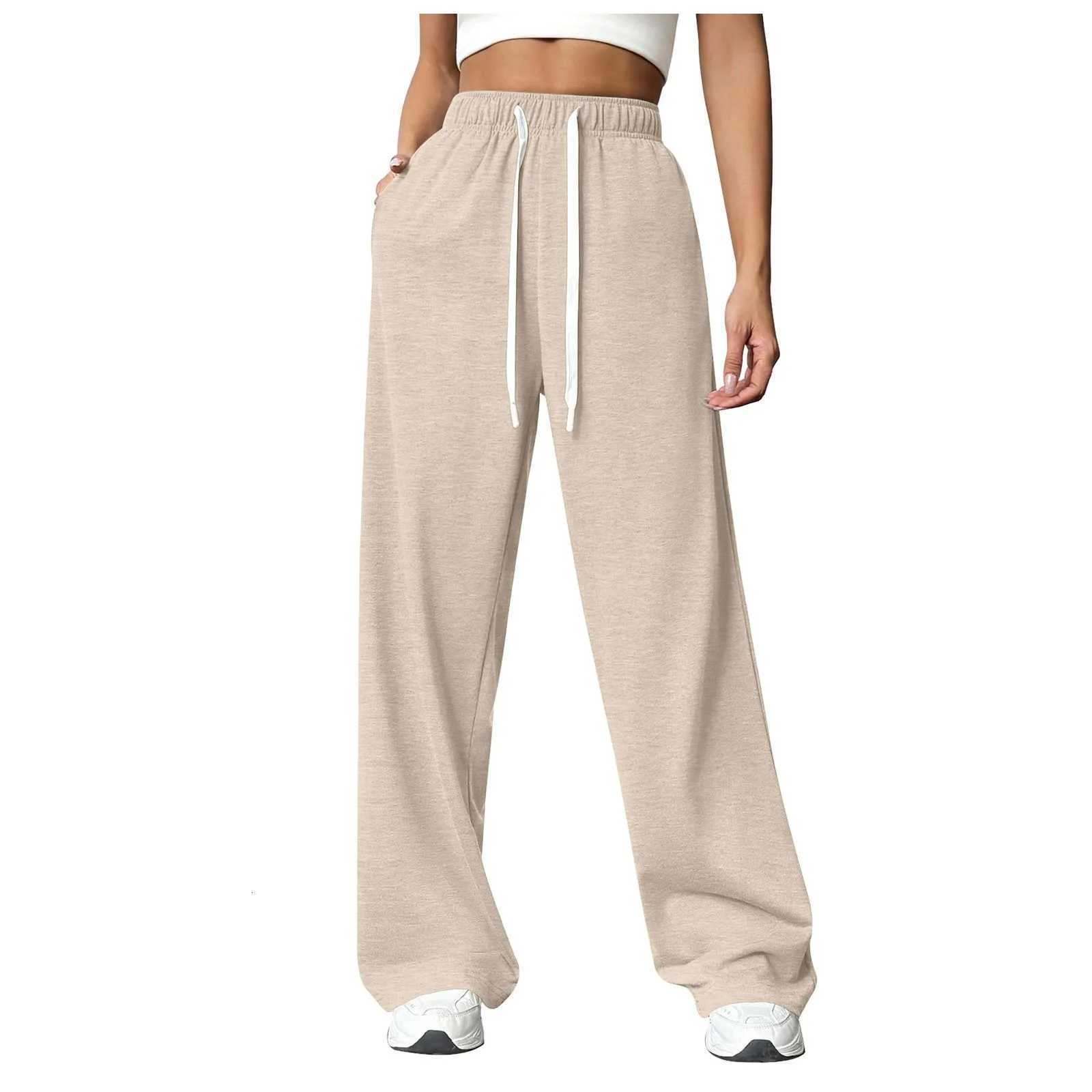 Women New Elastic Waist Pants with Side Pockets Fleece Lined Thick Wide Leg Sweatpants Pure Color Straight CutT251022