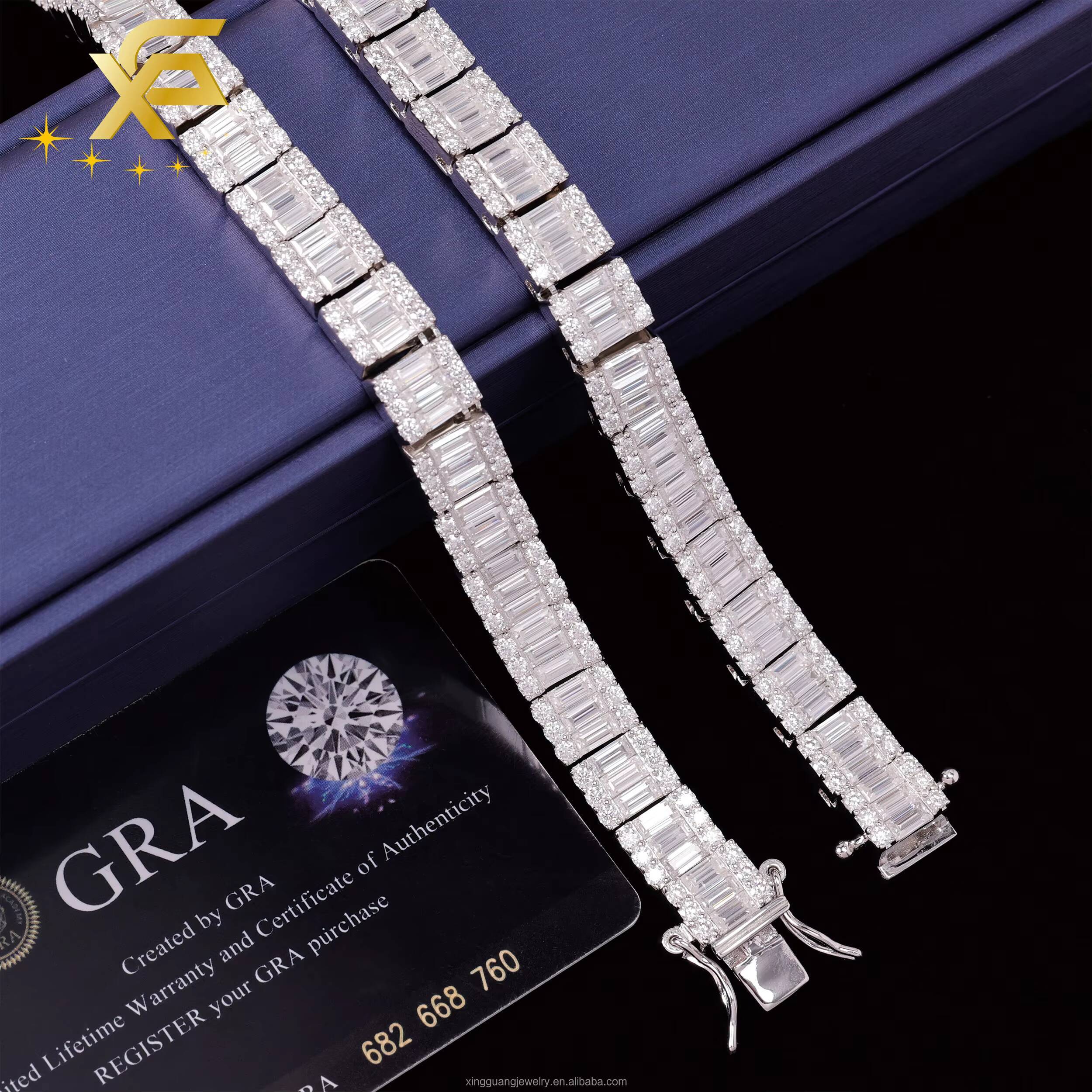 Luxury Baguette Diamond Necklace Iced Out VVS Moissanite Diamond 10mm Cuban Chain White Gold Plated Sterling Silver Men Jewelry