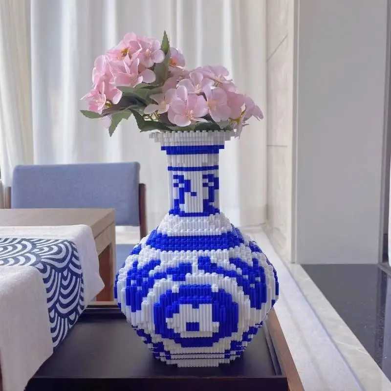 New Chinese Style Blue and White Porcelain Vase Pattern 3D Bear Model Building Block Small Particle Assembly Kids Puzzle Toy J251022