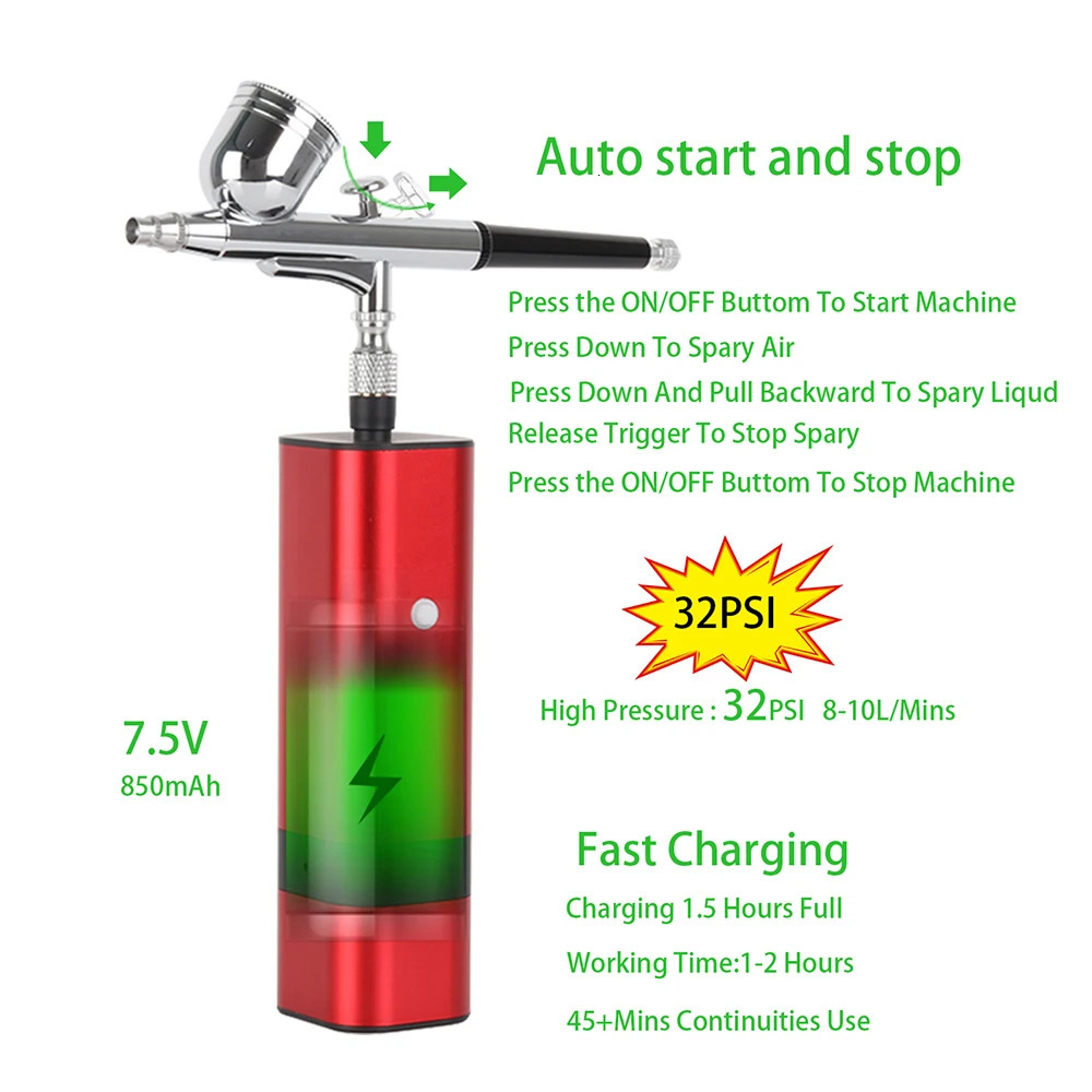Quality Arrival TM80S Wireless Airbrush With Compressor Kit 32Psi Auto Start Stop Mini Portable Cordless Personal 251015