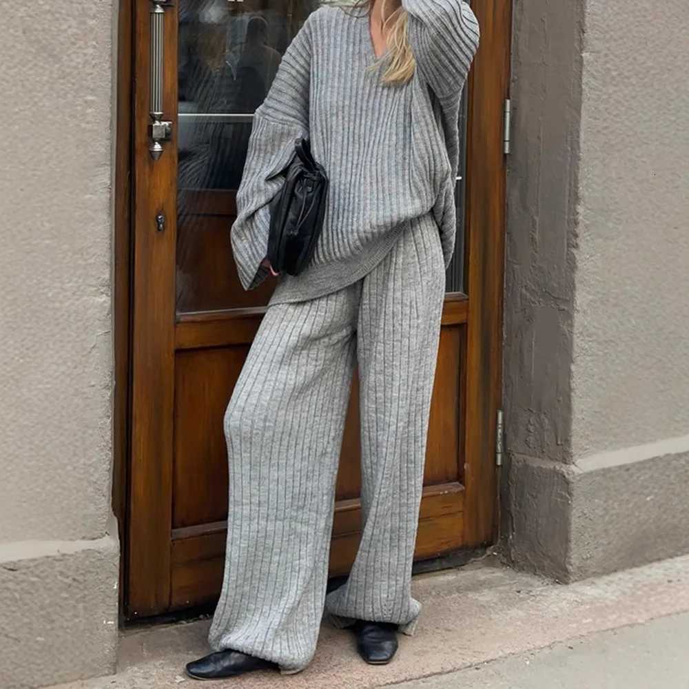 Women Tracksuit Knitted Sweaters Matching Sets Full Length Wide Leg Trousers V Neck Jumpers Three Pieces Scarf Casual SolidT251022