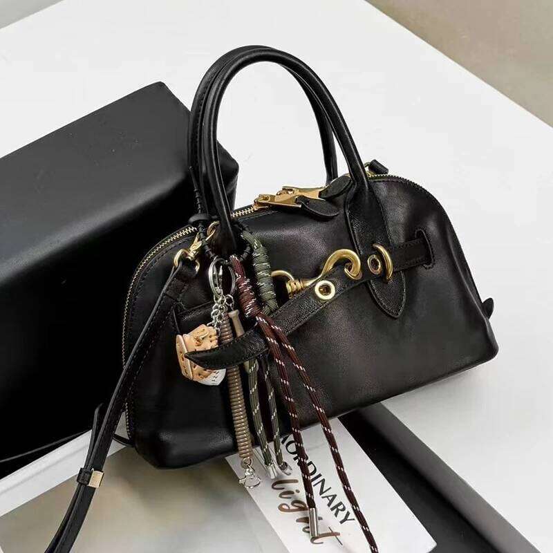 2025 Brand Genuine Leather Handbags Fashion Gold Buckle Shoulder Women Spring Retro Sheepskin Boston Bags Lady