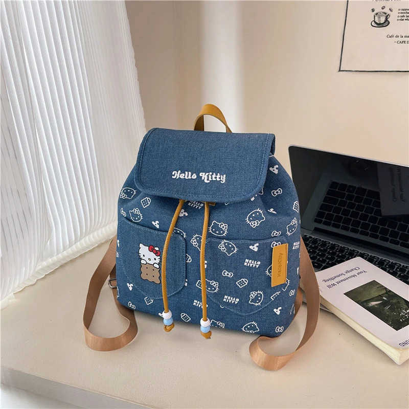 Sanrio Sanrios Hellokittys Large Denim Backpack for Women Cute Cartoon Bucket Bag Durable Handbag for Travel and Daily Use Girls Gifts L251022