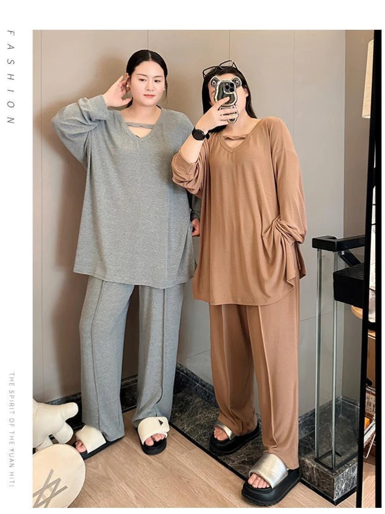 150KG Extra Large Size Loose Pajamas Women Solid Longsleeved Vneck Twopiece Set Spring Casual Loungewear Can Be Worn Outside 251022