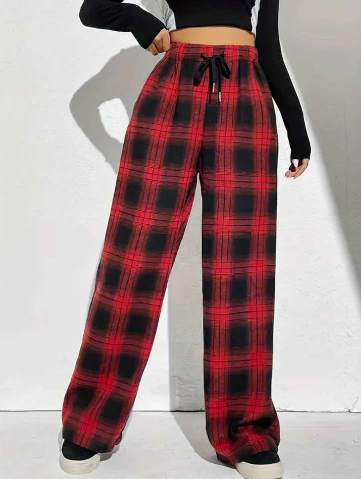 Plaid Print Wide Leg Pants Casual Drawstring Loose Pants For Spring Summer Womens ClothingT251022