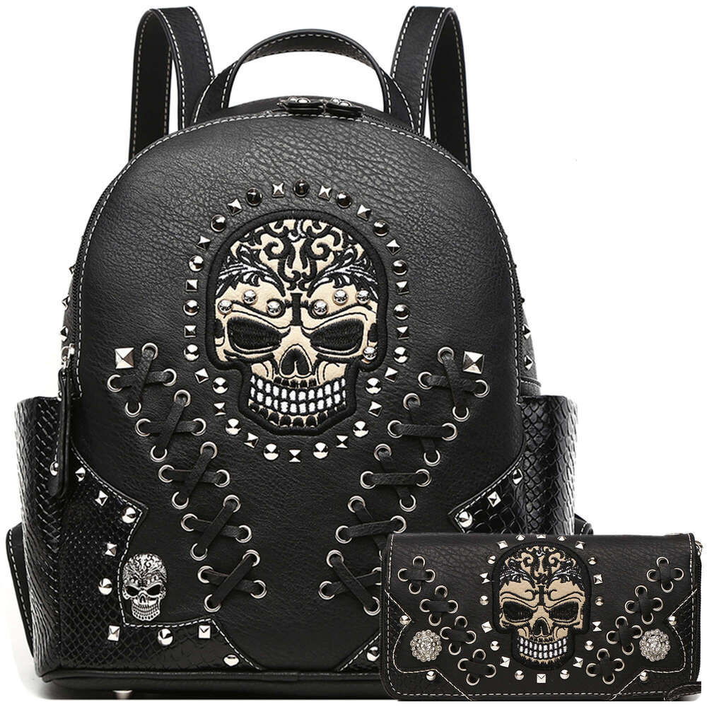 Gothic Skull Women Backpack With Matching Wallet Set