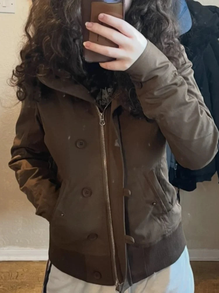 Fashion Outerwear Brown Jackets Womens Coat Slim Fit Vintage Fur Collar Kpop Femme Zipper Clothes Harajuku Y2k High Street Tops 251021