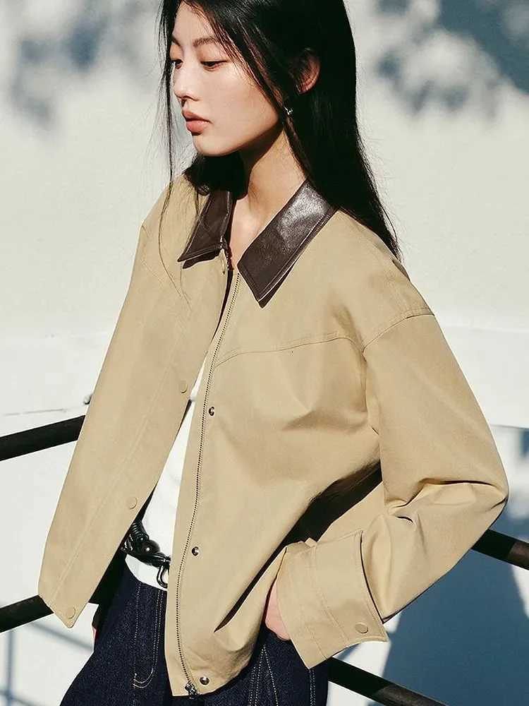 Korean Fashion Spliced Outerwears Women Casual Lapel Neck Zipper Loose Jackets Tops Spring Fall Long Sleeve Chaquetas Blusas New Y251105