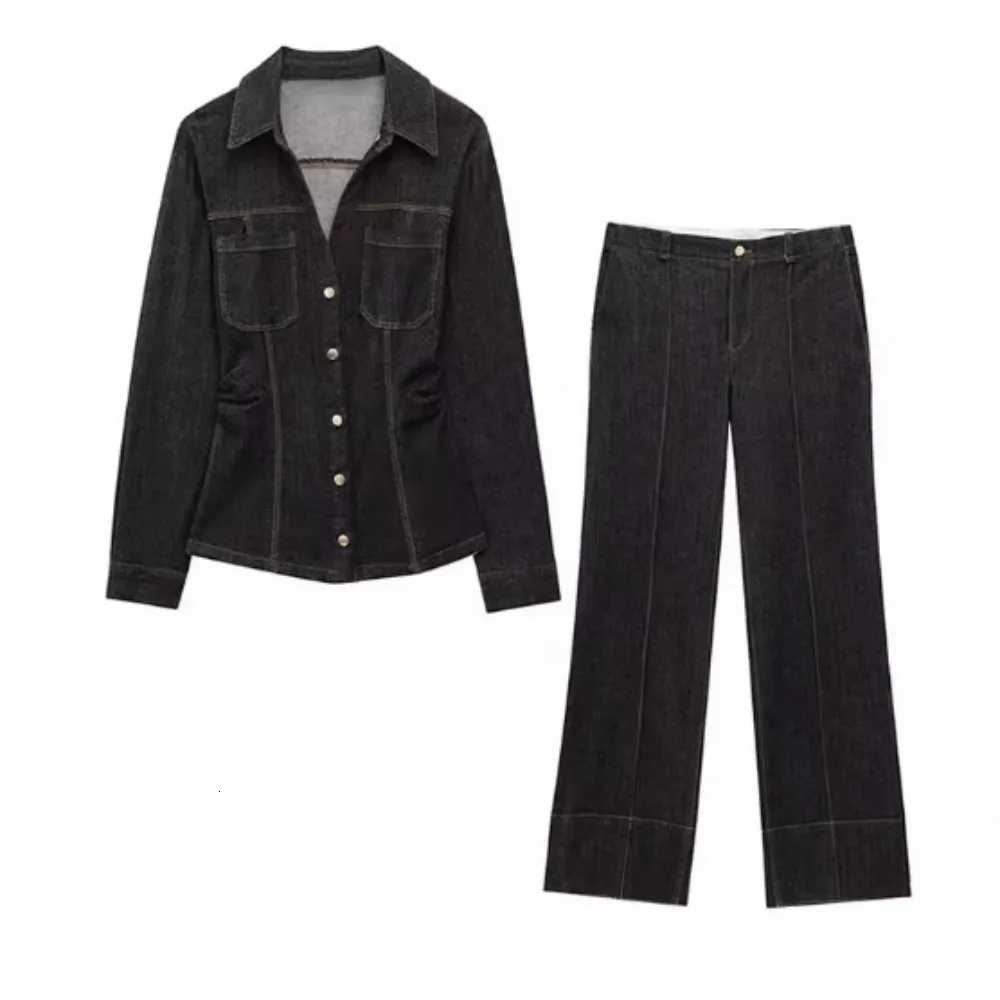 Women Slimfit Denim Jacket Jeans Set Lapel Single Breasted Pocket Coat Highwaist Button Zip Trousers Spring Fall New SuitT251022