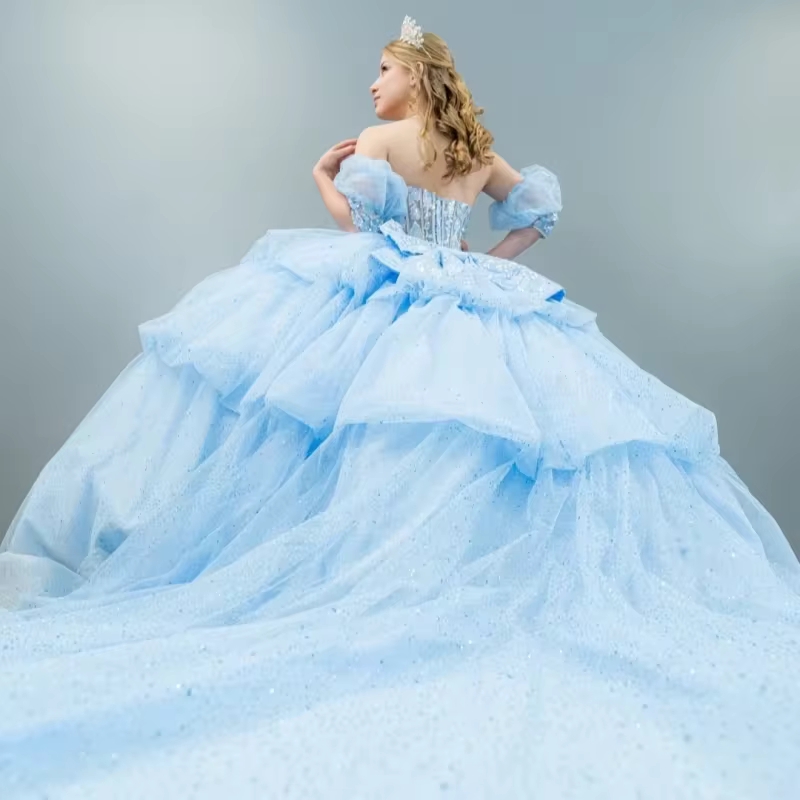 Sky Blue Glitter Ball Gown Sweet 16 Year Old Quinceanera Dresses Beads Bow Elegant Evening Party Dress Vestidos De Gala Vestidos De 15 Anos