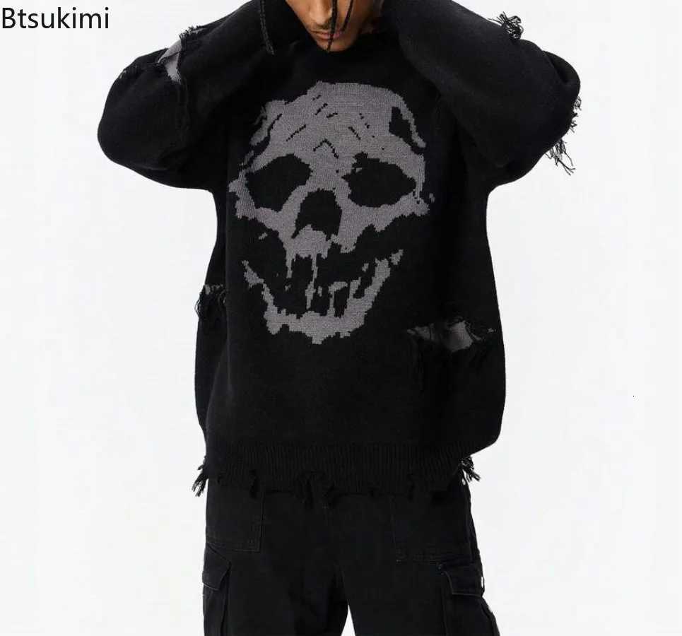 Autumn Winter Men Womens Hip Hop Knitted Sweater Skull Pattern Printed Jacquard Hole Loose Pullover Tops Casual Sweaters MenXJ251022