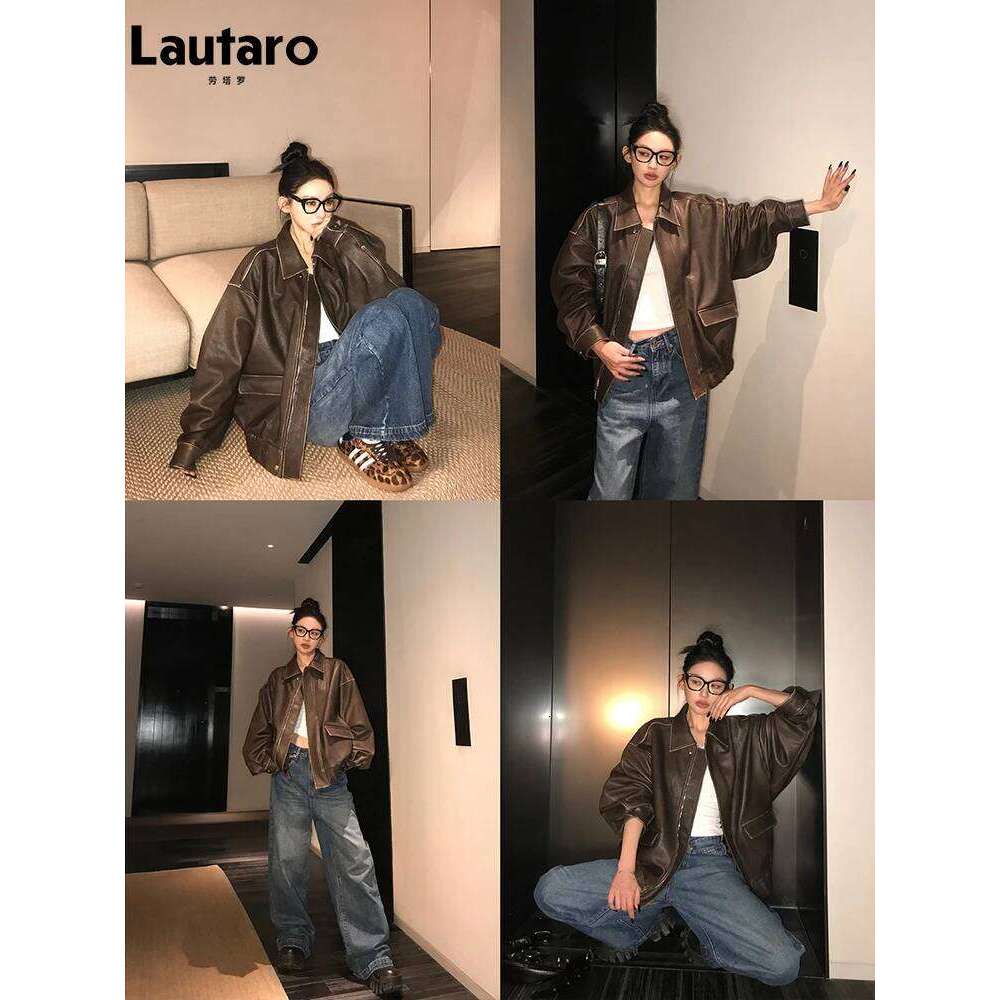 Lautaro Spring Autumn Cool Handsome Retro Oversized Distressed Brown Soft Faux Leather Jackets for Women Zipper Runway Fashion