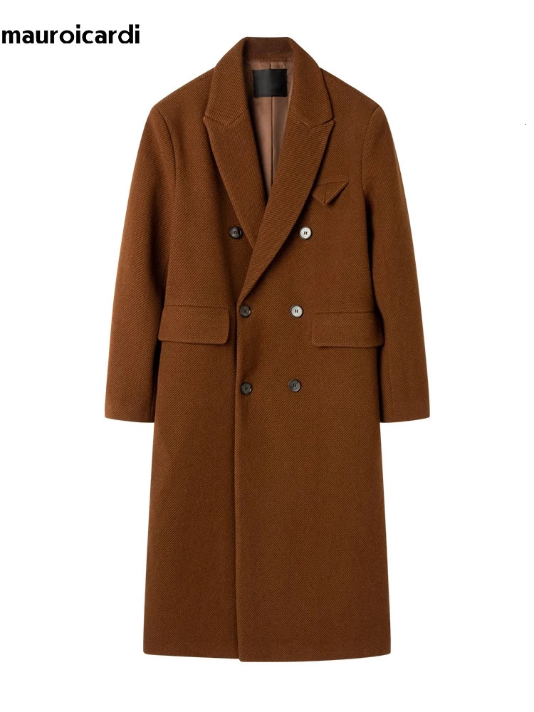 Mauroicardi Autumn Winter Long Warm Coffee Black Soft Woolen Coat Men Double Breasted Loose Casual Wool Blends Overcoat 2023 251017