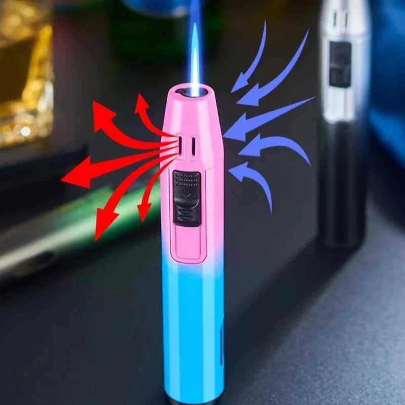 New Pen Metal Lighter Mini Spray Gun Inflatable Windproof Butane Gas Lighter Adjustable Straight Shot Blue Flame Cigarette Tools C251022