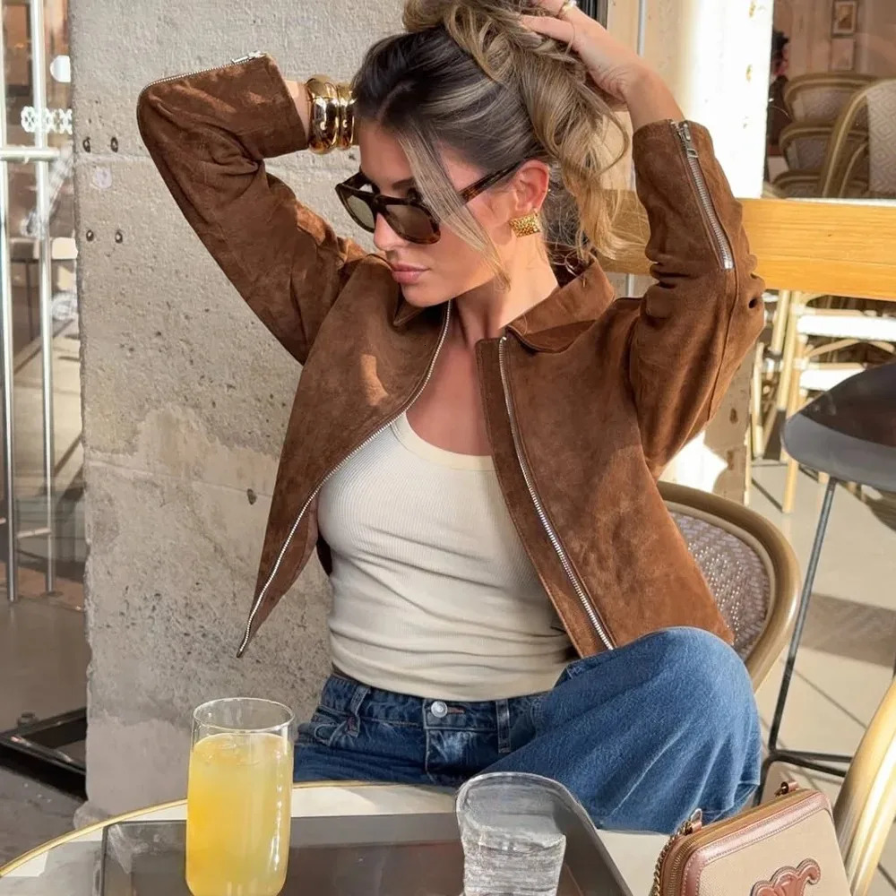 KONDALA Streetwear Suede Slim Jackets Women Zipper Pockets Long Sleeve Coats Fashion Fall Casual Vintage Elegant Outwears 251021