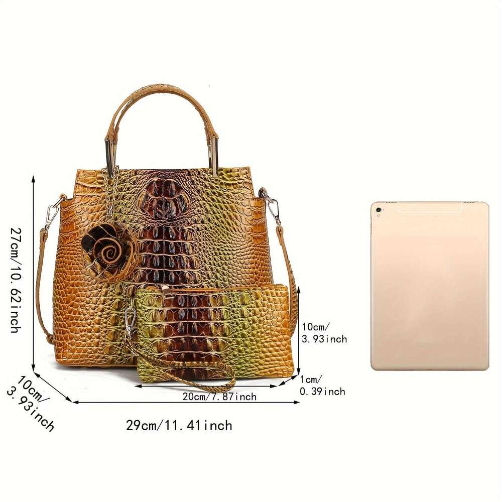 2Pcs Crocodile Print Handbag Set Fashionable Vintage Style, Multi-Functional Top Handle Crossbody, Business Clutch & Coin Purse - Spacious, Secure, Id