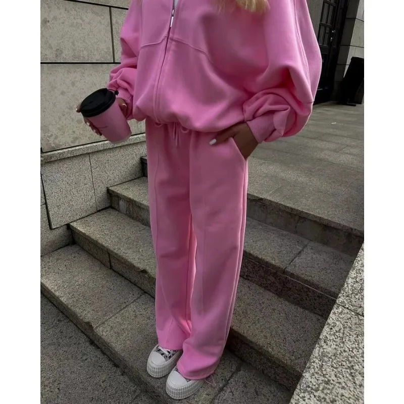 Winter Sweat Suit Set Pink Women Zipper Hoodies 2 Two Pieces Outfit Pants Casual Loose Winter Warm Tracksuits Sport Hooded Women 251010